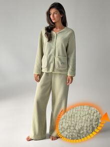 DAZY Women's Letter Embroidered Single-Breasted Pocket Top And Pants Pajama Set - Green - View 4