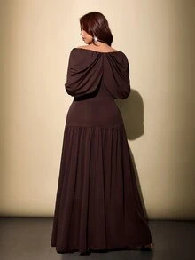Viva Relle Plus Size Women Solid Color Pleated Casual Party Dress - Rust Brown - View 6