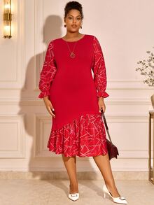 BrightlyHer Plus Size Red Ruffle Asymmetrical Ruffle Trim Round Neck Long Sleeve Dress Elegant Formal Fall Winter 2026 Christmas Party Evening - Red - View 8