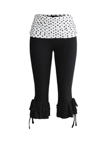 Sweetness Vintage Y2K Style Vacation Retro Polka Dot Patchwork Ruched Slim Fit Women's Capris - Black and White - View 1