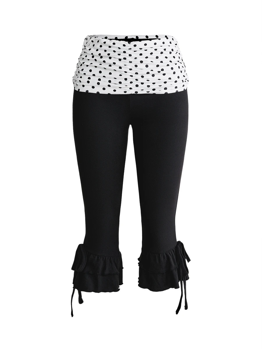 Sweetness Vintage Y2K Style Vacation Retro Polka Dot Patchwork Ruched Slim Fit Women's Capris - Black and White - View 1