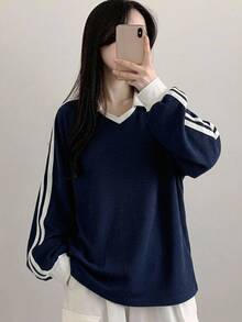 DAZY 女款拼色休閒百搭日常穿著長袖運動衫 - 藏蓝色 - 查看 5