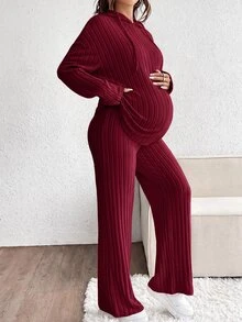 SHEIN 2pcs Maternity Casual Solid Color Hoodie Top And Pants Set Fall - Burgundy - View 3