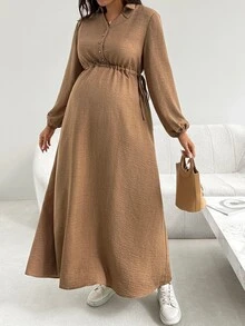 SHEIN Maternity Solid Color Button Front Side Waist Tie Casual Dress - Khaki - View 5