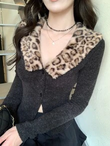 DAZY Women's Elegant Leopard Print Button Long Sleeve Streetwear Sweater - Black - View 6