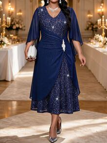 Fleurora Plus Size Elegant Sequin Pleated Rhinestone Embellished Dress Fall - Navy Blue - View 1