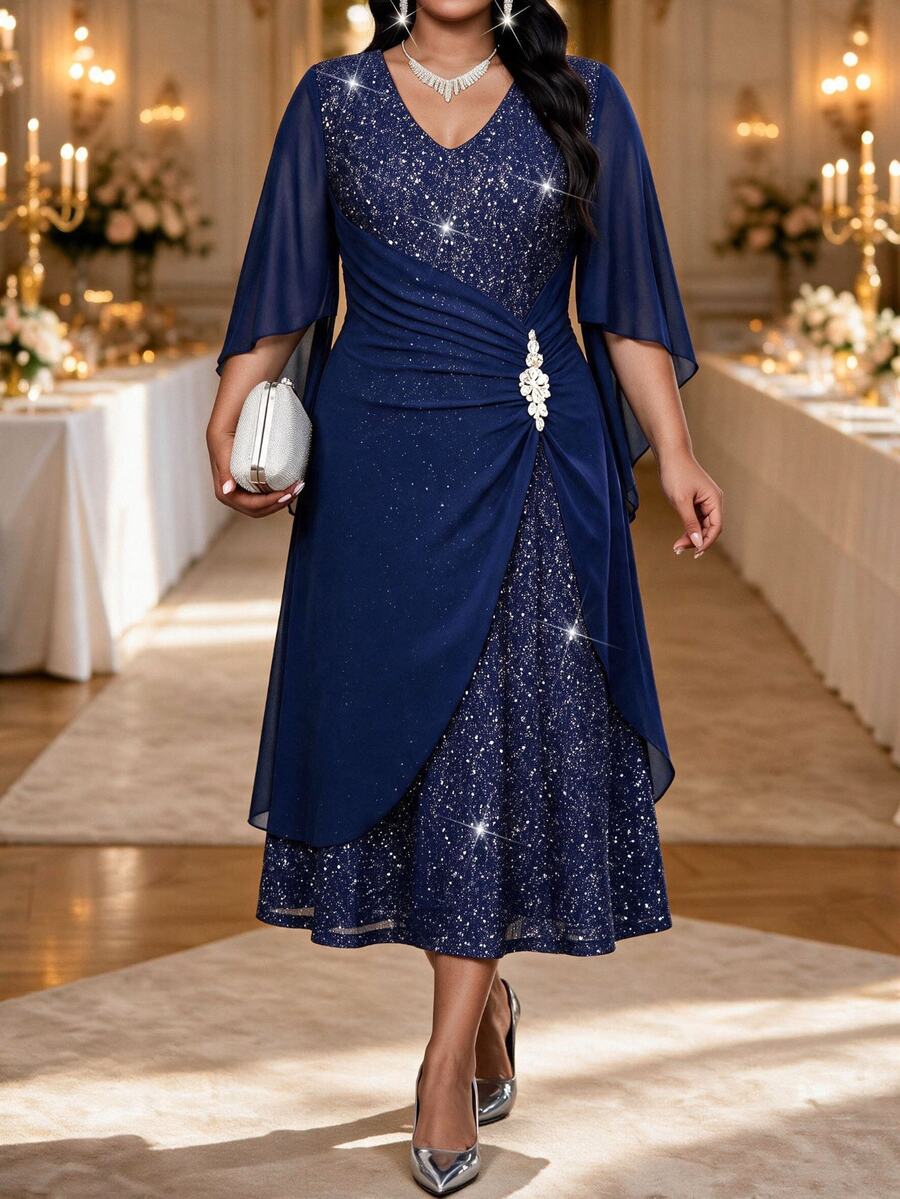 Fleurora Plus Size Elegant Sequin Pleated Rhinestone Embellished Dress Fall - Navy Blue - View 1