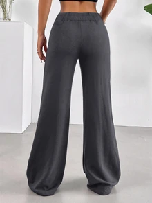 SHEIN Tall CURVE 大尺碼女款純色腰部鈕扣設計寬腿長褲 - 深灰色 - 查看 2