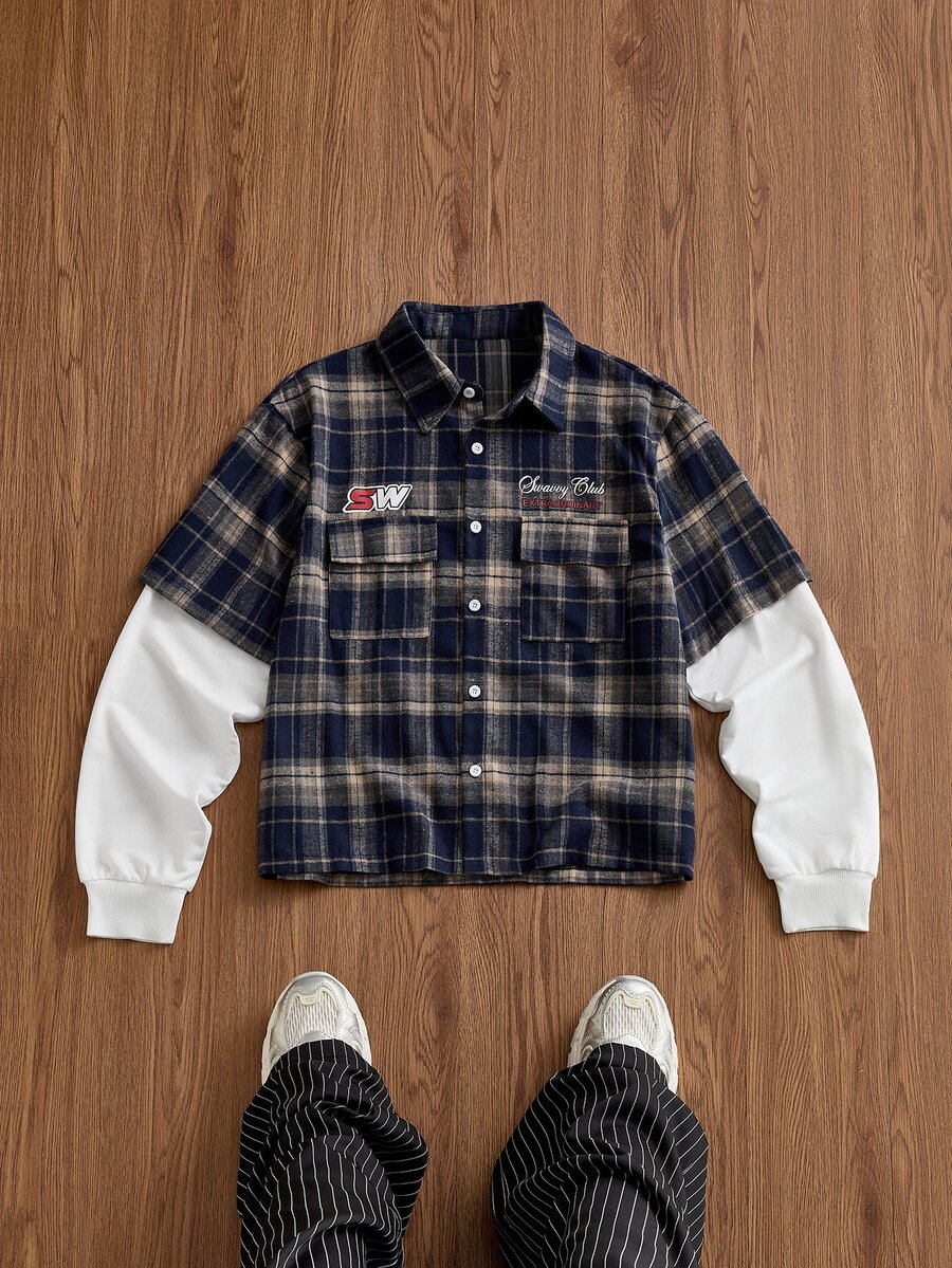 SWAVVY Men's 2 In 1 Patchwork Plaid Workwear Pocket Single-Breasted Shirt - Navy Blue - View 1