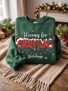 SHEIN EZwear 秋季新款聖誕口號彩色燈光印花圓領長袖寬鬆女款加厚衛衣，適合假期、秋季上衣，適用於日常通勤、約會、聚會，秋冬春夏、聖誕節、新年、感恩節、派對、新年 - 墨綠色 - 查看 6