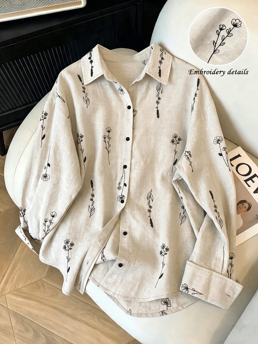 INAWLY 女款大尺碼新款秋季襯衫，法式休閒花卉刺繡長袖上衣，寬鬆刺繡上衣，老錢風黑色刺繡襯衫，刺繡襯衫，卡其色長袖襯衫，寬鬆長袖上衣，秋季大尺碼上衣，刺繡上衣，適合日常通勤、工作與戶外散步 - 卡其色 - 查看 1