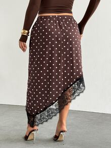Firerie Plus Size French Polka Dot Lace Asymmetrical Hem Skirt - Brown - View 2