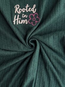 SHEIN Women Rooted In Him Floral Slogan Crew Neck Long Sleeve Soft Ribbed Top And Matching Pants Casual Relaxed Fit 2 Pieces Pajama Set - Dark Green - View 6