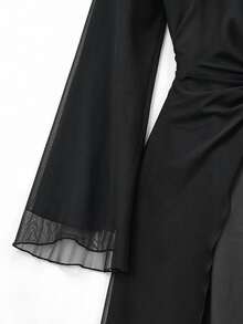 Celisse Women's Black Chiffon Asymmetrical Patchwork Muslim Dress, Elegant Commuter Style For Spring And Autumn - Black - View 6