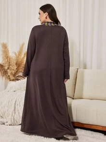 Lacomfia Minimalist Casual Solid Color Patchwork Geometric High Neck Long Sleeve Loose Regular Fit Spring Autumn Plus Size Dress - Chocolate Brown - View 2