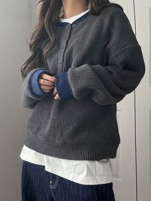 FRIFUL Women's Colorblock Dropped Shoulder Long Sleeve Button Half-Placket Casual Sweatshirt - Grey - View 4