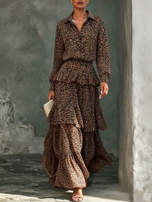 SHEIN Women's Leopard Print Lapel Button Long Sleeve Shirt + Layered Ruffle Skirt 2pcs Set - Multicolor - View 3