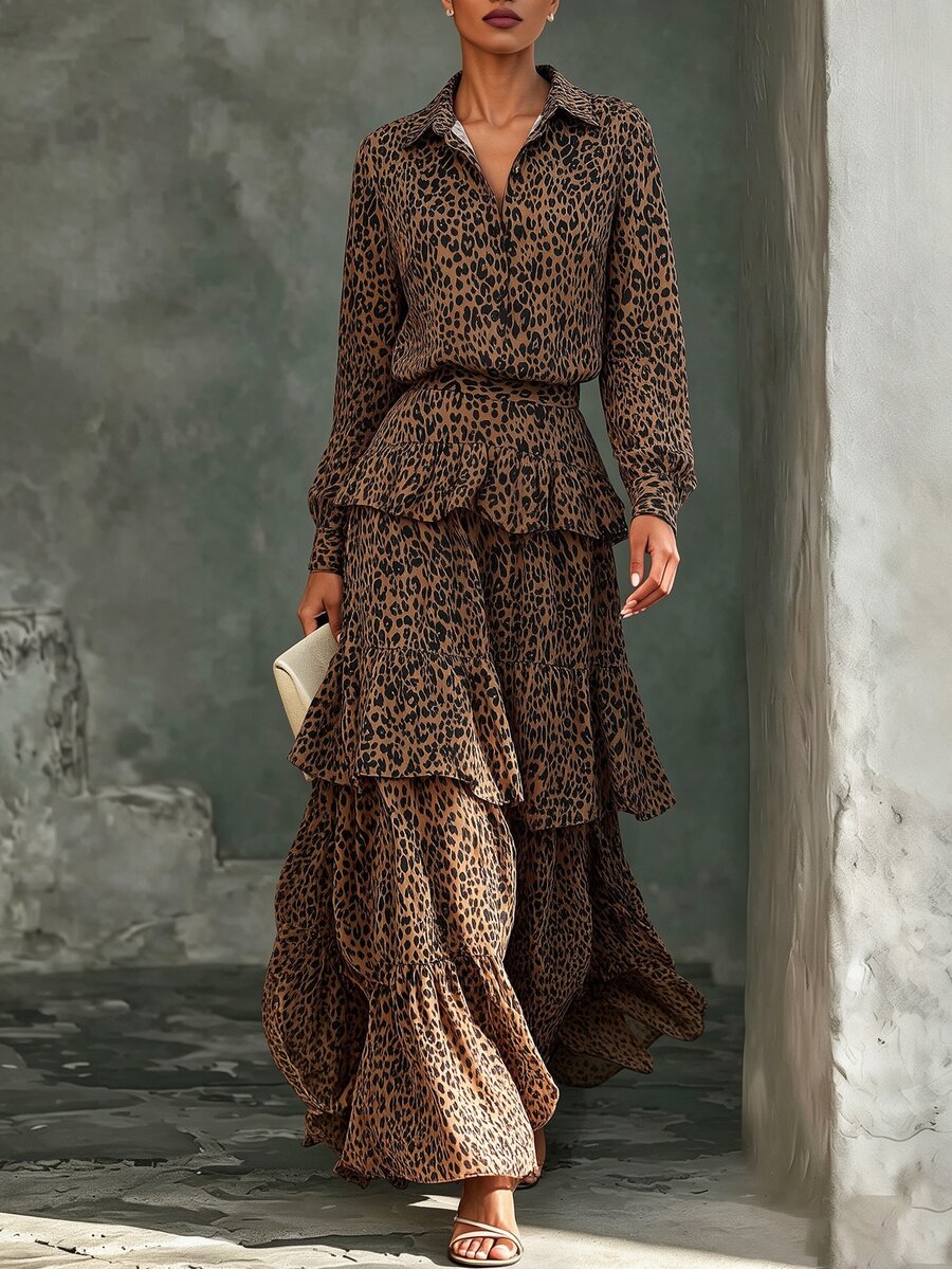 SHEIN Women's Leopard Print Lapel Button Long Sleeve Shirt + Layered Ruffle Skirt 2pcs Set - Multicolor - View 1