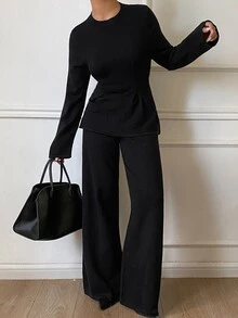 DAZY Women's Solid Color Long Sleeve Top And Pants Casual Daily Knit 2 Pieces Set - Black - View 3