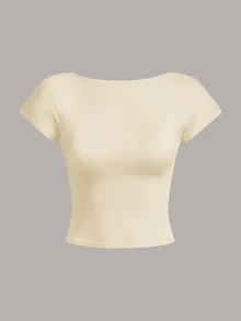 Tseoso 女款百搭極簡風性感 T-shirt，適合日常穿著與外出 - 杏色 - 查看 2