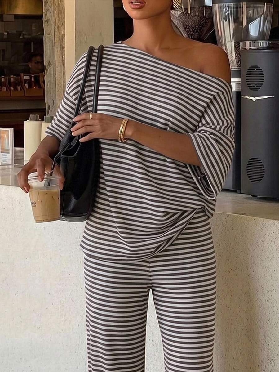 Siren Gaze Women's Striped Cold Shoulder Drop Sleeve T-Shirt And Long Pants Casual Set - Multicolor - View 1