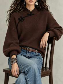 SHEIN Autumn/Winter Fashion Round Neck Long Sleeve Sweater - Coffee Brown - View 6
