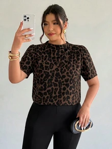Firerie Casual Retro Leopard Print Fabric Plus Size Short Sleeve Shirt - Multicolor - View 4