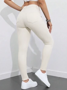 SHEIN ICON 大尺碼女款街頭休閒彈性舒適深藍色牛仔緊身牛仔褲 - 米色 - 查看 2