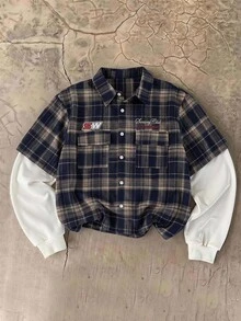 SWAVVY Men's 2 In 1 Patchwork Plaid Workwear Pocket Single-Breasted Shirt - Navy Blue - View 6