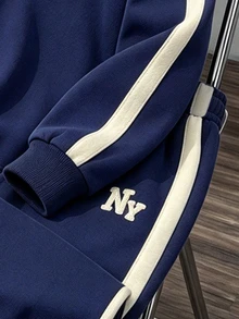 2pcs Young Boy Cool Graphic & Personalized Geometric Fashion Print Crew Neck Sweatshirt And Sweatpants Set, Suitable For Holiday Parties - Navy Blue - View 4