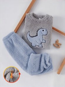 秋冬雙面保暖內裡加厚男童幼兒套裝，酷萌卡通恐龍刺繡，柔軟舒適毛茸茸長袖上衣與長褲 2 件套，居家休閒服 - 灰色 - 查看 4