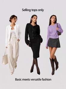 SHEIN BASICS 女款休閒純色圓領長袖寬鬆短版針織開襟外套，秋季辦公室校園商務外套，海軍藍 - 淡紫色 - 查看 10