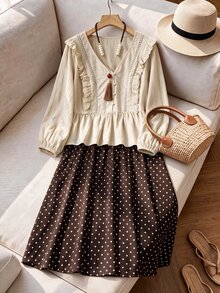 Rusticease Plus Size Women's Patchwork Ruffle Long Sleeve Blouse And Polka Dot Pattern Skirt Casual 2 Pieces Set - Brown - View 5