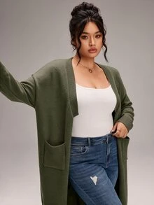 SHEIN BASICS 大尺碼女款純色落肩長袖口袋針織開襟毛衣 冬季 - 綠色 - 查看 6