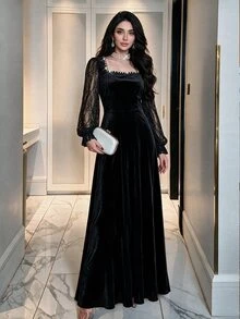 Modelyn Women's Black Velvet Knit Computer Rhinestone Lace Long Sleeve Cinched Waist A-Line Elegant Romantic Long Dress - Black - View 6