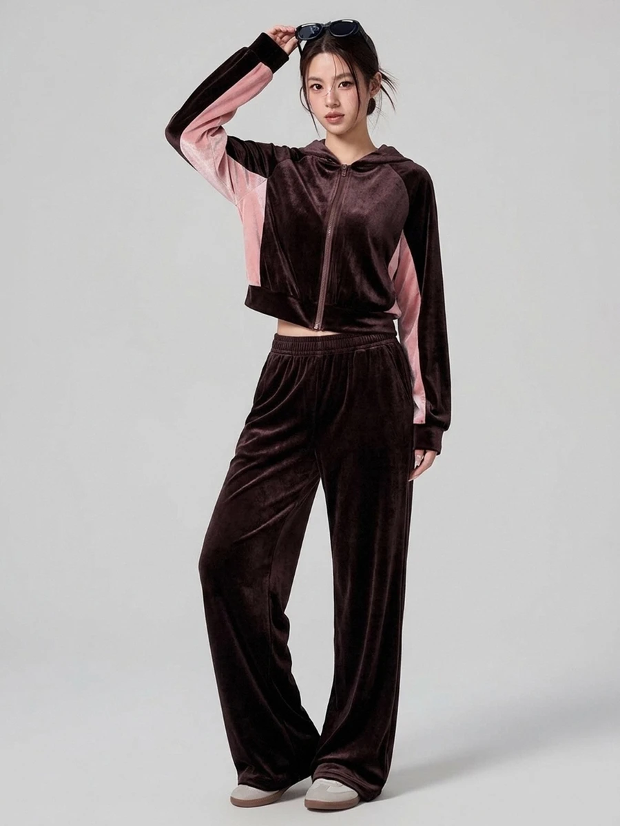 DAZY Women's Colorblock Zip-Up Long Sleeve Hoodie And Pants Casual Daily Sports Set - Burgundy - View 1