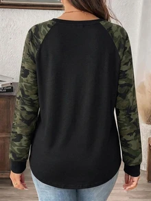 Comfylo 大尺碼女款休閒落肩袖圓領寬鬆T恤，適合春秋穿著 - 黑色 - 查看 2
