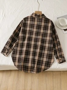 SHEIN 女童復古學院風寬鬆慵懶長袖中長版襯衫，秋季上衣，校園感恩節棕色格紋 - 彩色 - 查看 2