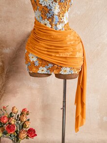 Soleia 女款性感度假無肩帶蕾絲紋理垂墜網紗百褶胸衣迷你洋裝，適合海灘、郵輪、公路旅行、城市度假、約會、下午茶、波希米亞風、島嶼度假、夏季、音樂節、日常通勤、婚禮季、派對、嘉年華 - 橘色 - 查看 7