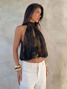 Aloruh Boho Vacation Sexy Hot Girl Halter Neck Chiffon Leopard Print Women's Top - Brown - View 1