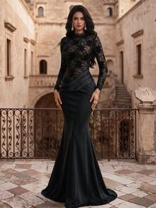 Coutiva Elegant Luxury Lace Pleated Mermaid Tail Evening Dress - Black - View 6