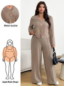 Shapeblank Plus Size Solid Color Single-Breasted Long Sleeve Top And Pants Casual Daily 2 Pieces Set - Khaki - View 1