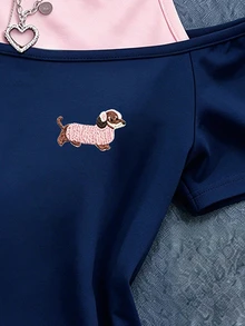 1pc Tween Girl Fresh Minimalist Chest Hat Puppy Cartoon Graphic Print 2 In 1 Off-Shoulder Camisole Short Sleeve T-Shirt - Multicolor - View 6