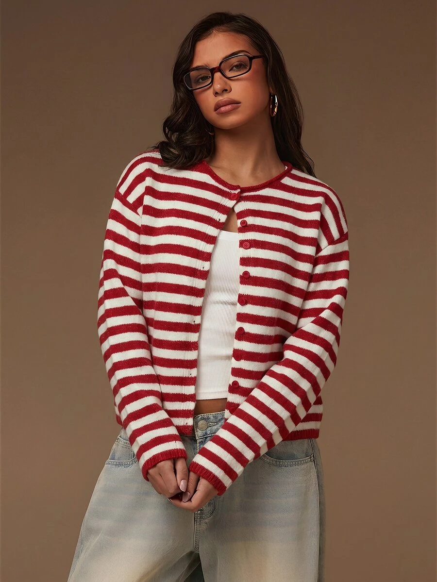 Athîral Women's Striped Casual Daily Outing Cardigan - Red and White - View 1
