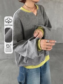 FRIFUL 女款初秋新款韓式拼色華夫格面料寬鬆連帽衛衣 - 灰色 - 查看 1