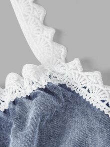 Elamini Women's Contrast Lace Ruffle Hem Halter Neck Denim Dress - Blue - View 3