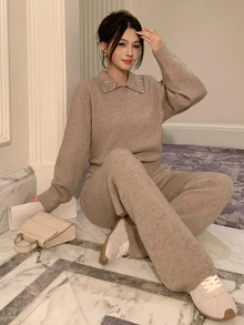 DAZY Women's Knit Collar Long Sleeve Top And Pants Casual Daily 2 Pieces Set - Khaki - View 1