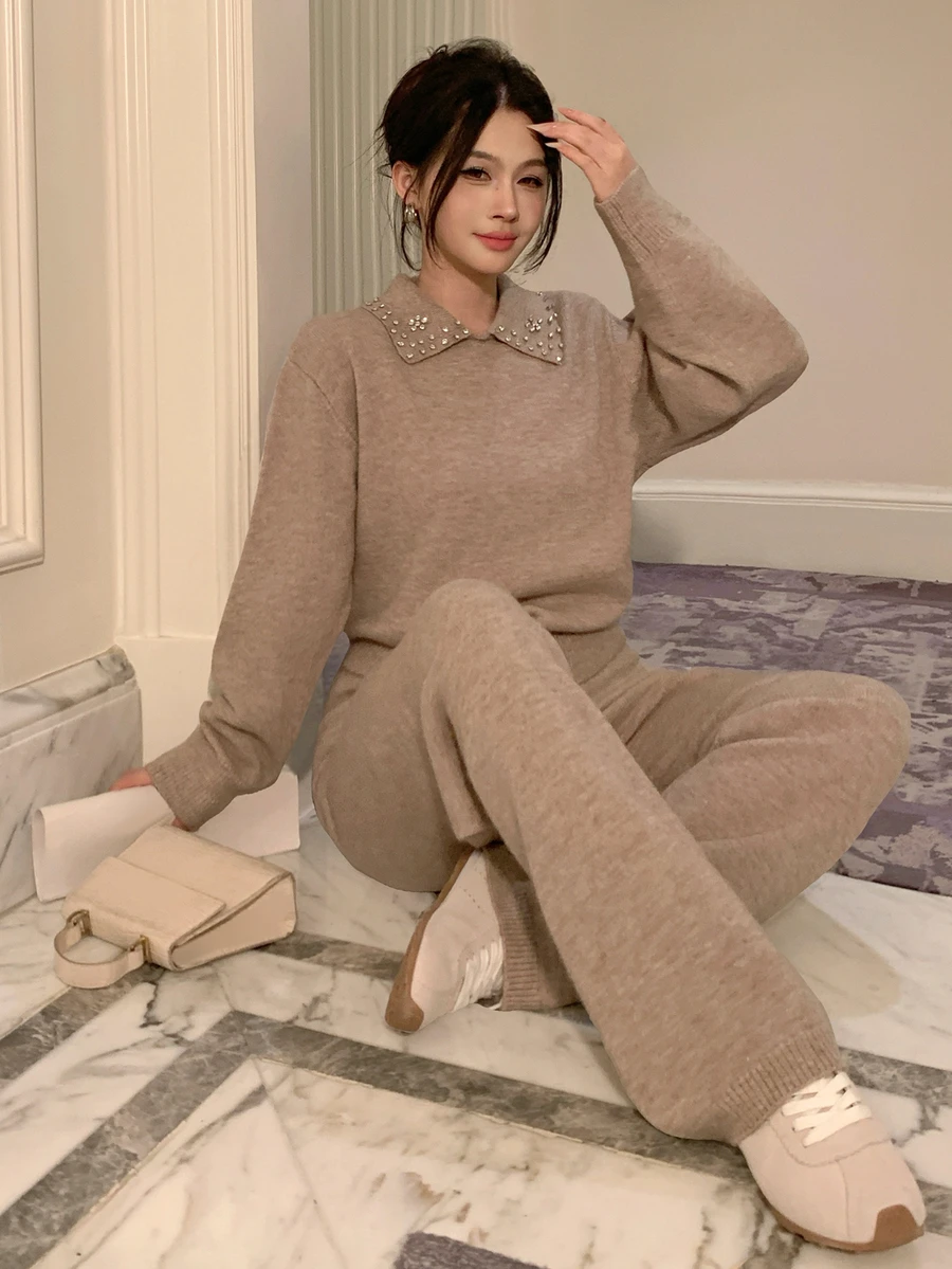 DAZY Women's Knit Collar Long Sleeve Top And Pants Casual Daily 2 Pieces Set - Khaki - View 1