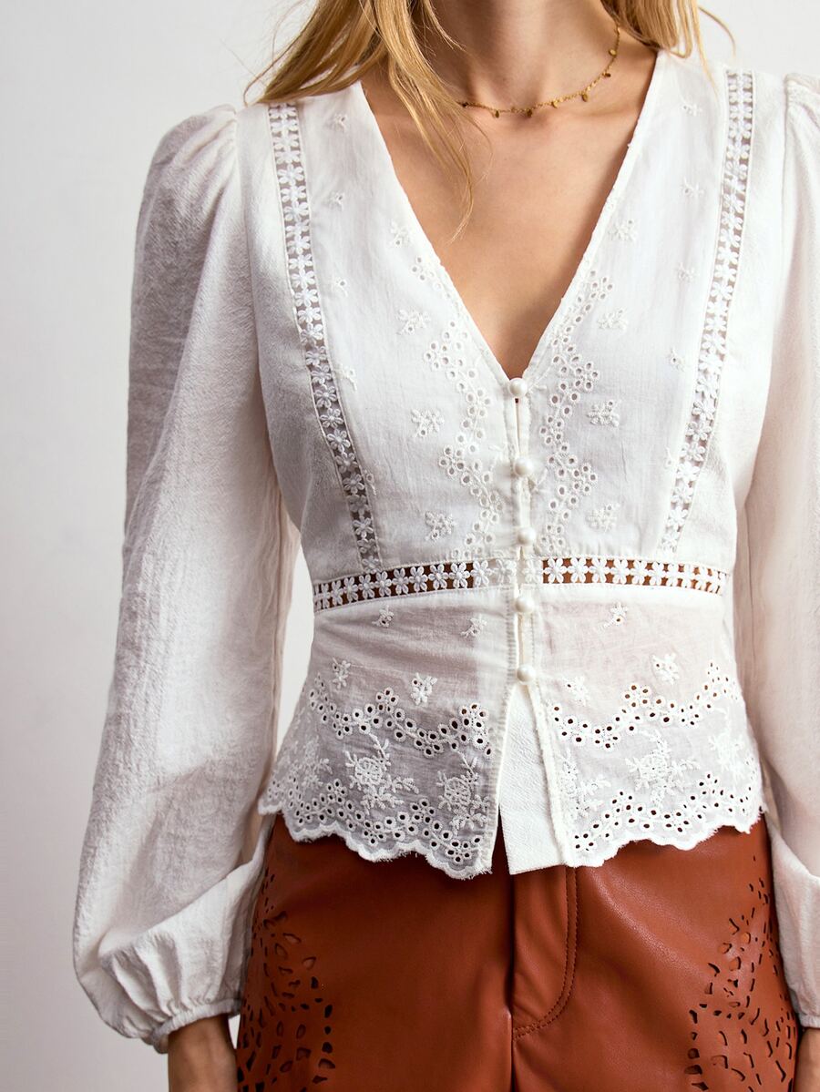 Willow Rêve Women's White Embroidered V-Neck Petal Sleeve Blouse - White - View 1