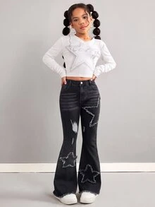 SHEIN 少女時尚貼花刺繡鈕扣口袋喇叭牛仔褲 - 黑色 - 查看 3